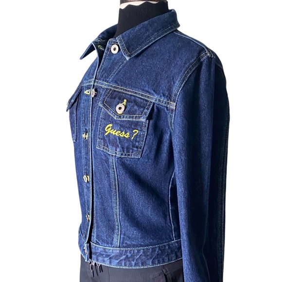 Guess Vintage 90’s Dark Denim Jacket w/ Neon Yellow Stitching size M - Picture 14 of 16